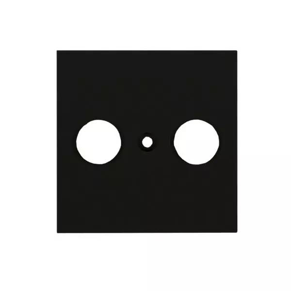 Schwarzes quadratisches Symbol mit zwei großen weißen Kreisen und einem kleinen weißen Punkt, der zwischen ihnen zentriert ist.