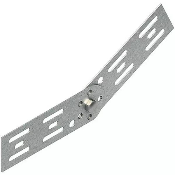 Verstellbare Metall-Montageklammer mit Schlitzarmen und zentralem Drehgelenk, verwendet zur Unterstützung oder Verbindung von Hardware in einem Winkel.