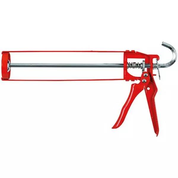 Rote Dichtungspistole mit langem Metallrohr und Stempel, zum Auftragen von Dichtungsmittel oder Klebstoff.