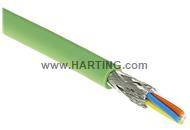 Grünes Ethernet-Kabel mit freigelegten verdrillten Adernpaaren und metallischer Abschirmung, gekennzeichnet mit „www.HARTING.com