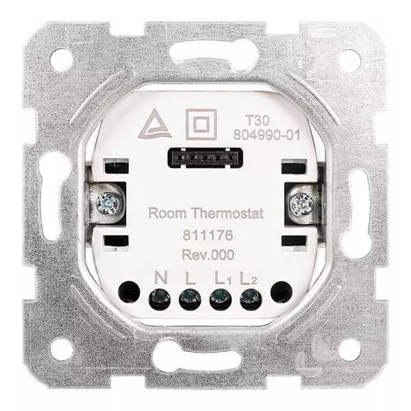Wandmontiertes Raumthermostat-Modul mit Metallmontagegerüst und gekennzeichneten Anschlüssen N, L, L1 und L2.