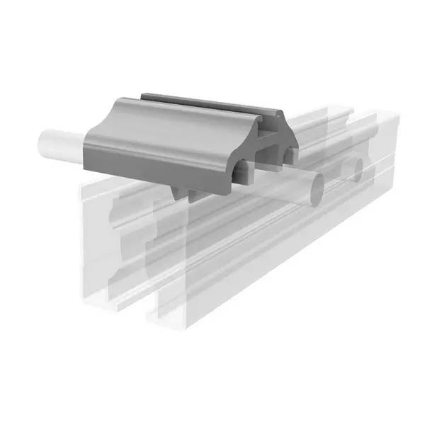 3D-Render einer grauen Schiebelaufschiene mit einem zylindrischen Stab, der durchführt, gezeigt in einem transparenten Gehäuse auf weißem Hintergrund.