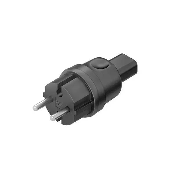 Schwarzer europäischer zweipoliger Stromstecker-Adapter mit abgerundetem Gehäuse und rechteckigem Steckverbinder am weißen Hintergrund