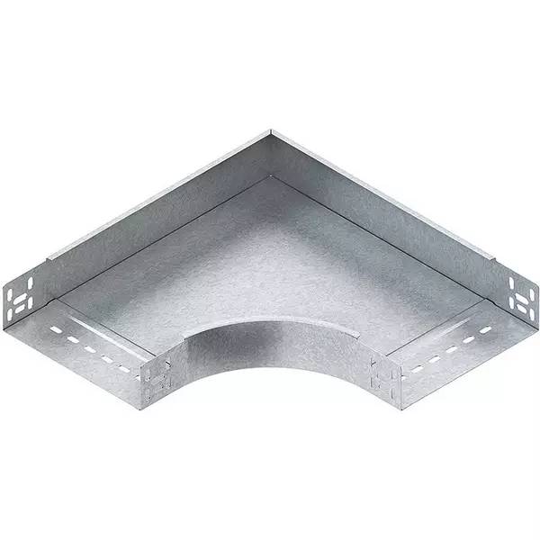 Verzinktes Metallkabelrinnen-Eckstück mit abgerundeter Fronöffnung und perforierten seitlichen Befestigungslaschen.