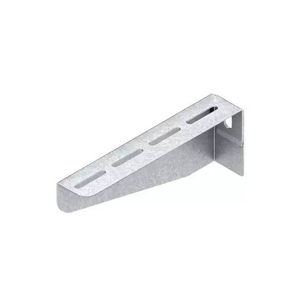 Verzinktes Metallwandwinkel mit geschlitzten Befestigungslöchern, auf weißem Hintergrund dargestellt.