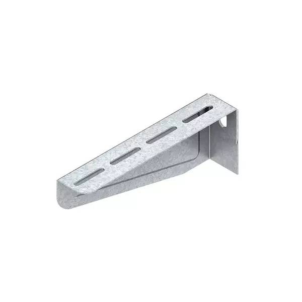 Verzinkter Metallwinkel mit geschlitzter Oberseite und rechtwinkliger Befestigungsflansch, verwendet zur Unterstützung oder Befestigung eines Regals oder Strukturbauteils.