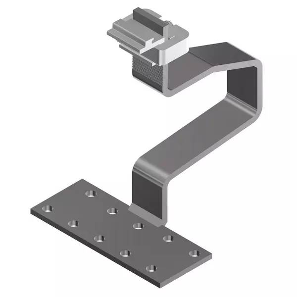 3D-Darstellung einer Metallmontageklammer mit einer oberen Klemmvorrichtung und einer perforierten Grundplatte, dargestellt auf weißem Hintergrund.