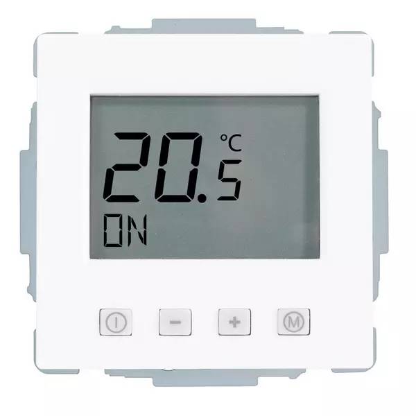 Weiße digitale Thermostat-Anzeige zeigt 20,5°C und Status „EIN
