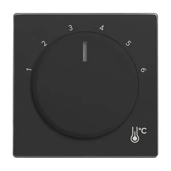 Schwarzes Wandthermostat mit nummerierten Einstellungen von 1 bis 6 und einem Thermometersymbol mit °C-Markierung.