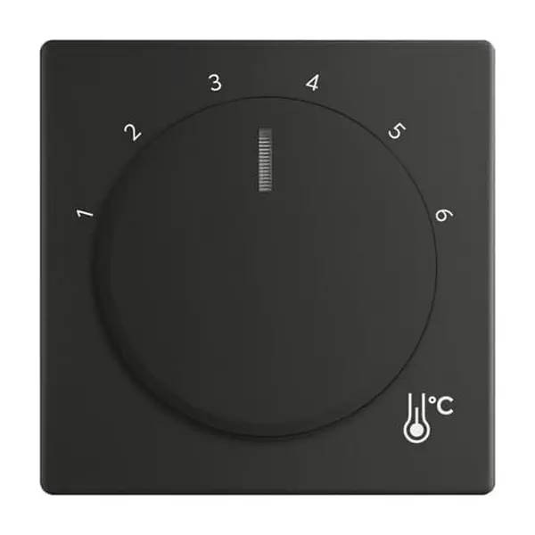 Schwarzes Wandthermostat-Zifferblatt mit nummerierten Einstellungen von 1 bis 6 und einem Thermometer-Symbol mit °C-Markierung.