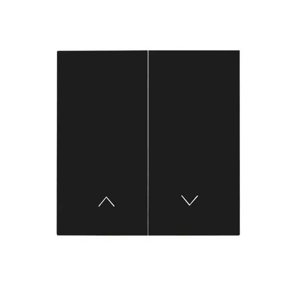 Schwarzes Zwei-Tasten-Panel mit nach oben und unten weisenden Pfeilverdeutlichenden Symbolen, wahrscheinlich zum Einstellen oder Scrollen.