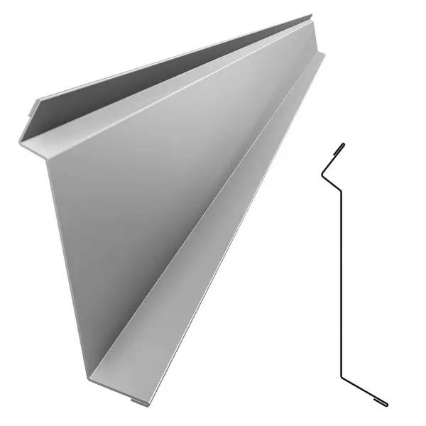 Graue Metallwandhalterung in Seitenansicht, mit einem passenden Drahtclip oder einer Verriegelungsstift daneben auf weißem Hintergrund.