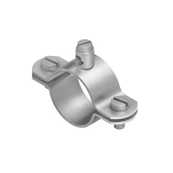 Metallische Rohrklemme aus Silber mit zwei Schlitzschrauben und einer zentralen Schraube, verwendet zum Befestigen eines runden Rohrs oder einer Leitung.