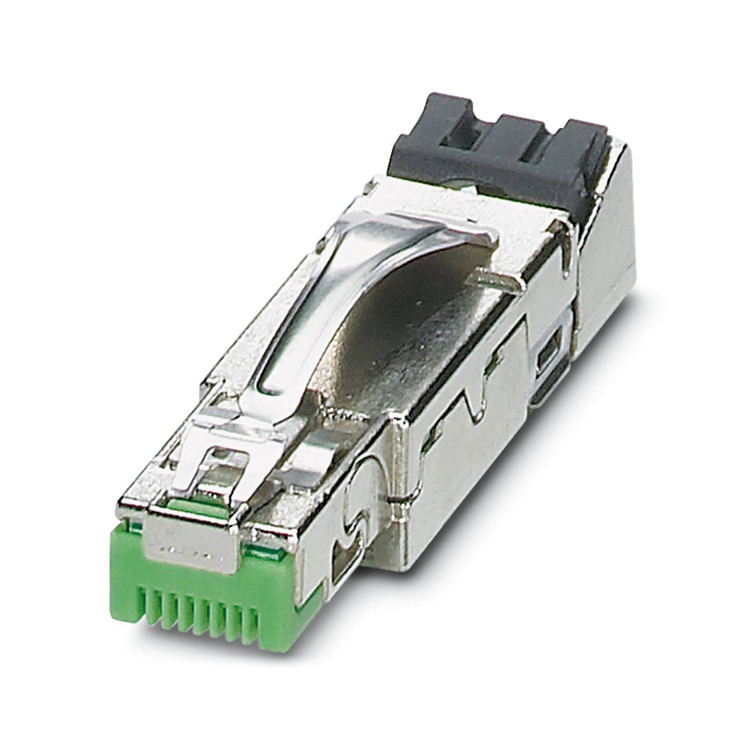 Nahaufnahme eines metallischen Ethernet-Kabelsteckers mit grünem Frontstecker und schwarzem Sicherungsbügel, isoliert auf weißem Hintergrund.