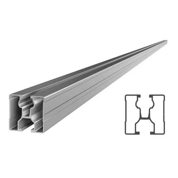 Metallisches Extrusionsprofil in perspektivischer Darstellung, mit einem Querschnittsdiagramm seiner hohlen inneren Form auf der rechten Seite.