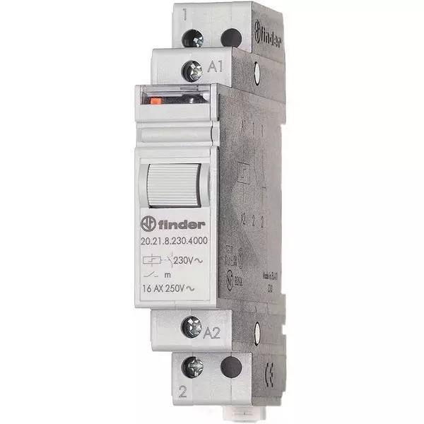 Foto eines modularen elektrischen Relais/Timer-Schalters der Marke Finder mit gekennzeichneten Anschlüssen A1, A2 und 2, vor weißem Hintergrund dargestellt.