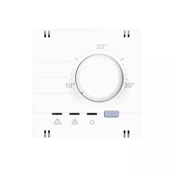 Weiße Wandthermostat-Steuerung mit großem Drehregler, der auf etwa 20° eingestellt ist, und kleinen Anzeigesymbolen entlang der Unterseite.