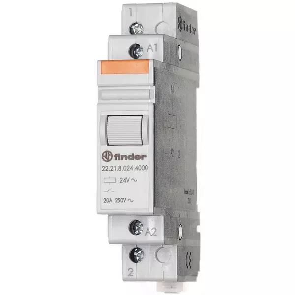 Finder DIN-Schienen-Elektrorelais-Modul mit orangefarbiger Anzeige, Bezeichnung 22.21.8.024.4000, 24V~ Spule und 20A 250V Nennleistung.