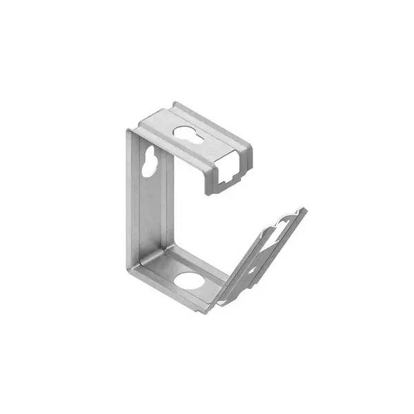 Metallmontageklammer mit Schlüssellochschlitzen und Scharnierclip, dargestellt auf einfachem weißem Hintergrund.