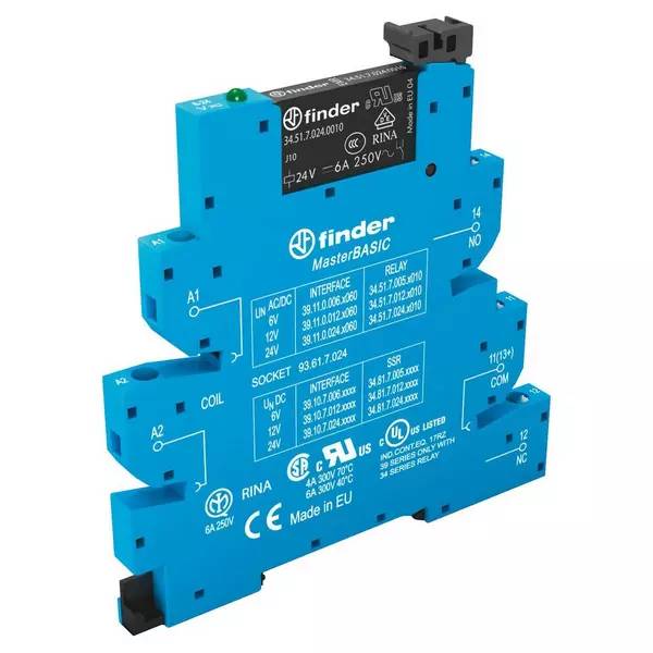 Blue Finder MasterBASIC Industrielektromagnetrelaismodul mit beschrifteten Anschlüssen und schwarzem Steckverbinder oben, auf weißem Hintergrund dargestellt.