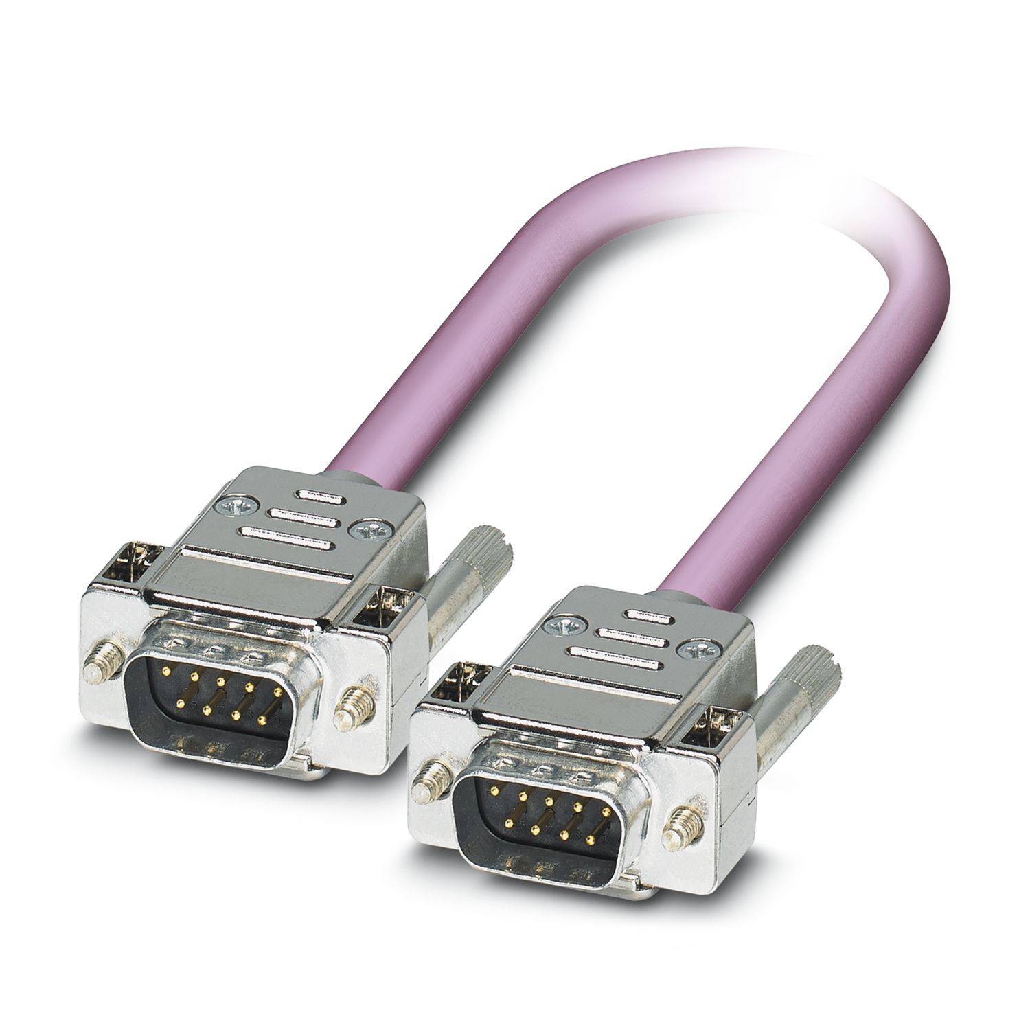 Purples Serienkabel mit je zwei 9-poligen DB9-Steckverbindern an jedem Ende, auf weißem Hintergrund dargestellt.