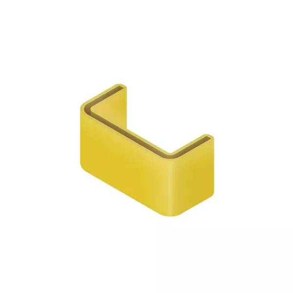 Gelbe U-förmige Metallschelle oder Kanalstück auf weißem Hintergrund.