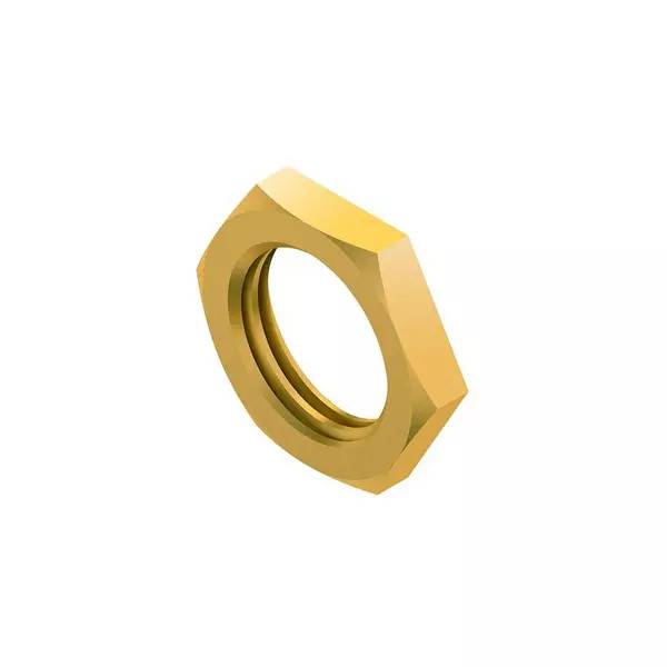 Goldene sechskantige Kontermutter auf weißem Hintergrund dargestellt.
