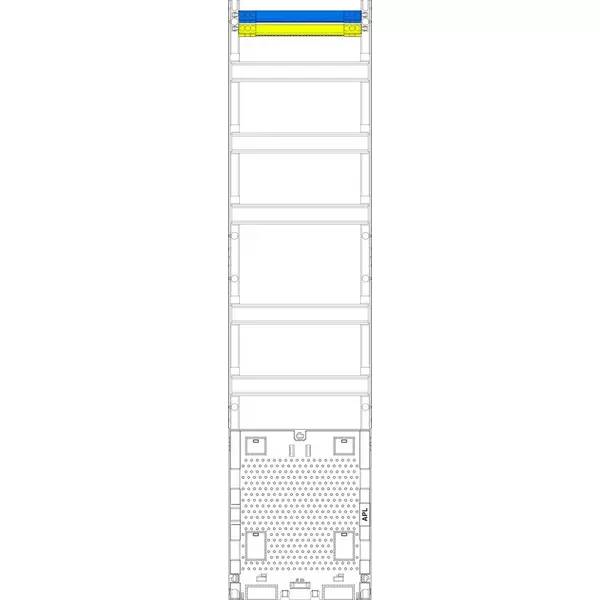 Ein hohes technisches Diagramm einer schmalen leiternähnlichen Struktur mit mehreren horizontalen Abschnitten und einer perforierten unteren Basis, von vorne betrachtet.