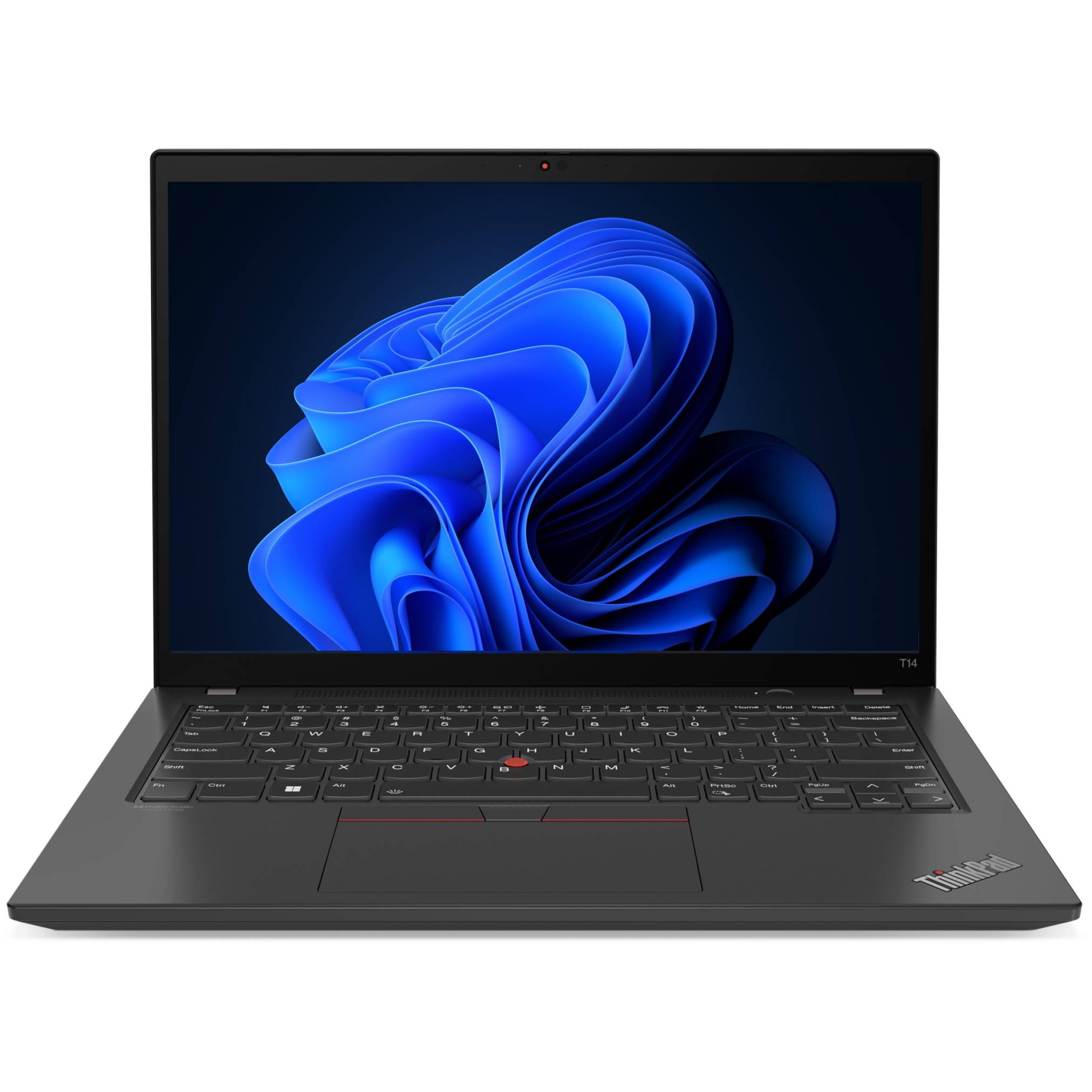Schwarzer Lenovo ThinkPad-Laptop offen, zeigt ein blaues abstraktes Windows-ähnliches Hintergrundbild auf dem Bildschirm.
