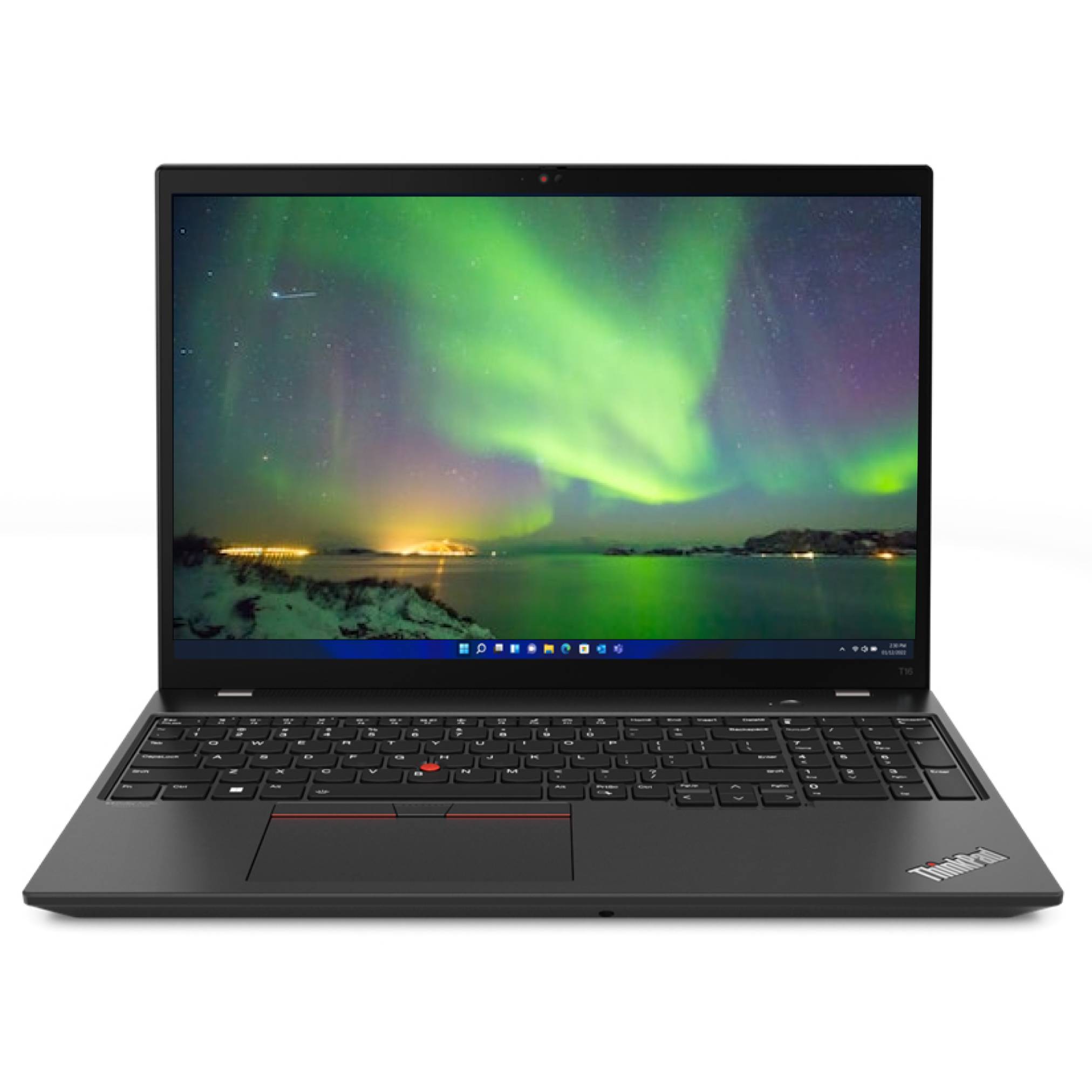 Schwarzes Lenovo ThinkPad Laptop geöffnet und zeigt eine Nordlichter-Landschaft auf dem Bildschirm an.