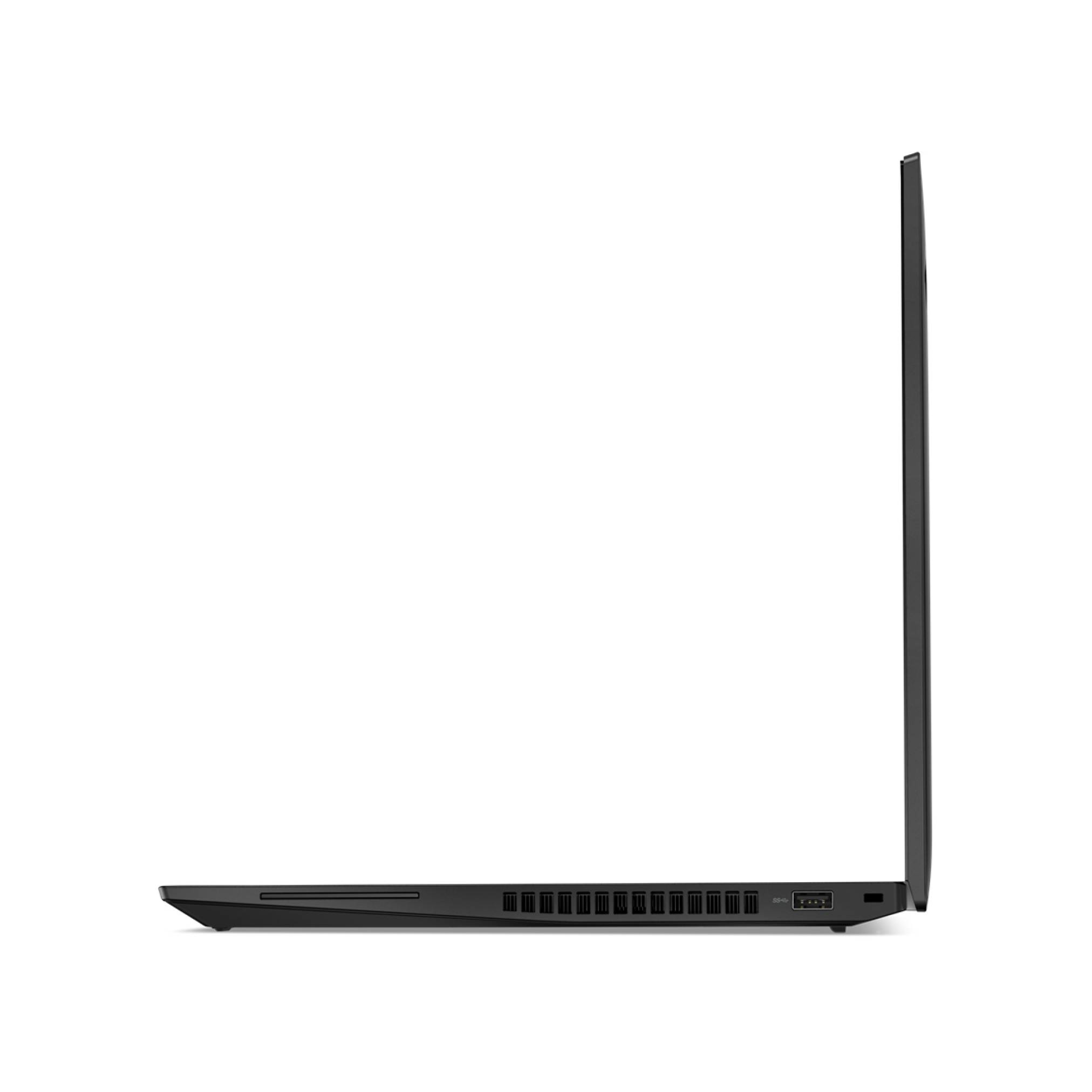 Seitenansicht eines dünnen schwarzen Laptops, der in einem rechten Winkel auf weißem Hintergrund geöffnet dargestellt ist.