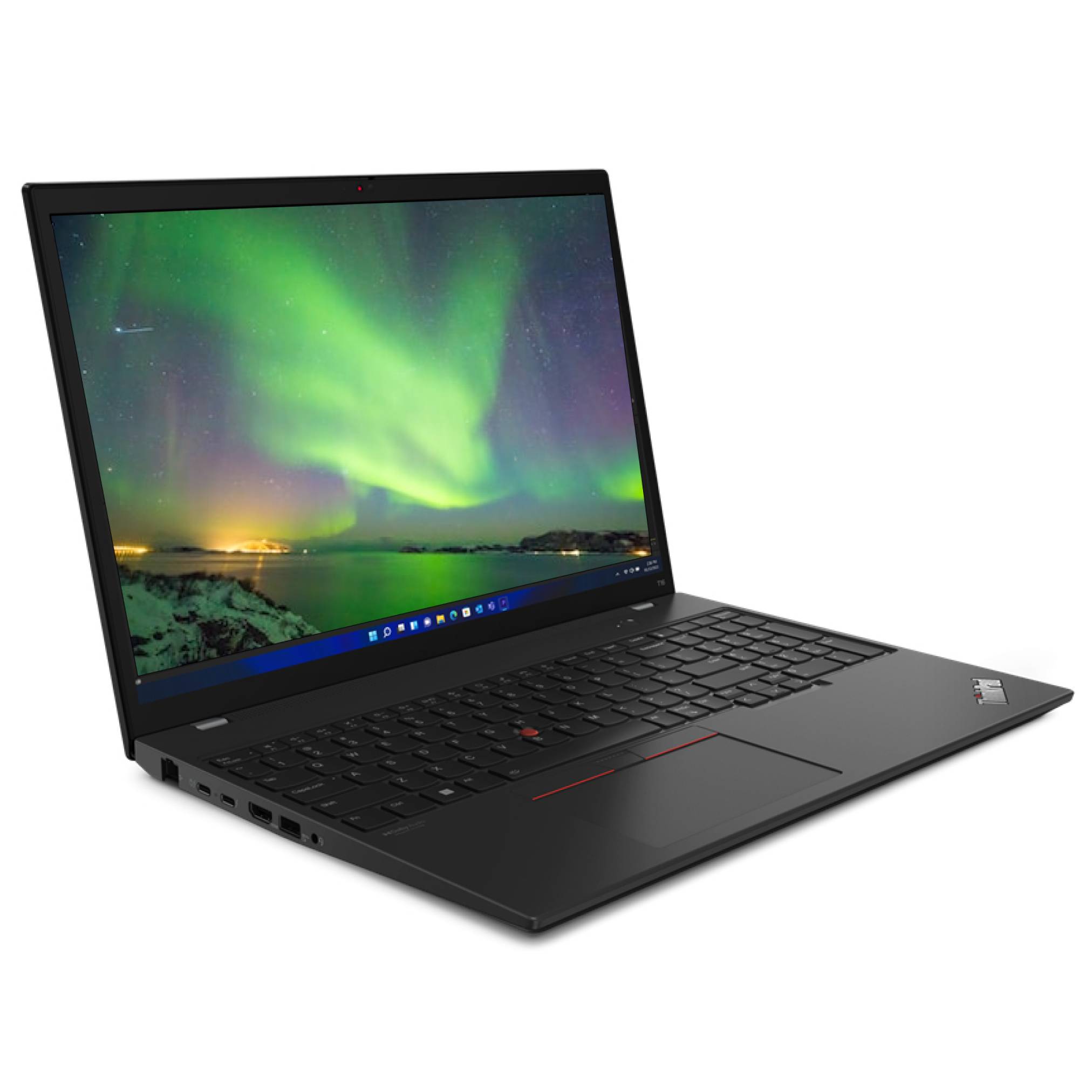 Schwarzer Lenovo ThinkPad-Laptop in schräger Position geöffnet, zeigt auf dem Bildschirm ein grünes Aurora-Hintergrundbild.