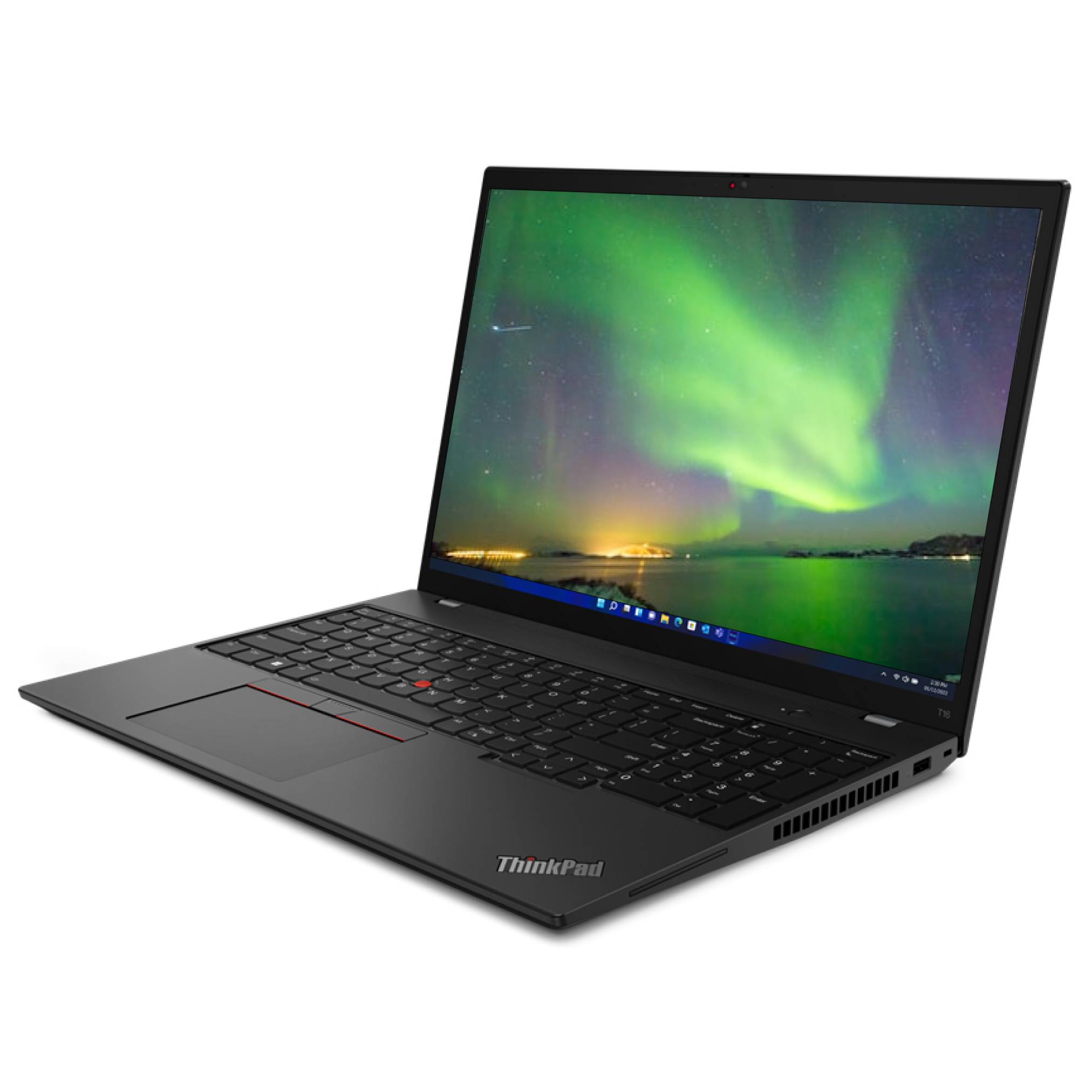 Ein schwarzes Lenovo ThinkPad-Laptop, das in einem Winkel offen ist und ein lebendiges grünes Aurora-Hintergrundbild auf dem Bildschirm zeigt.