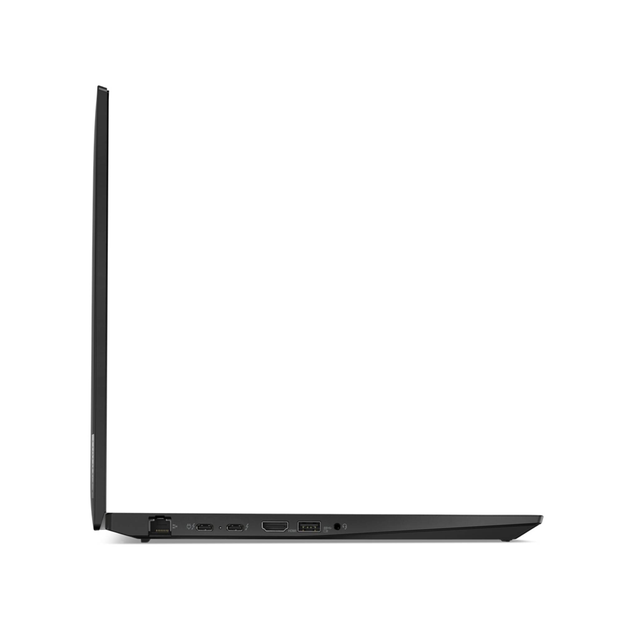 Seitenansicht eines dünnen schwarzen Laptops, der teilweise geöffnet ist und sein schlankes Profil sowie die Anschlüsse auf der linken Seite auf weißem Hintergrund zeigt.