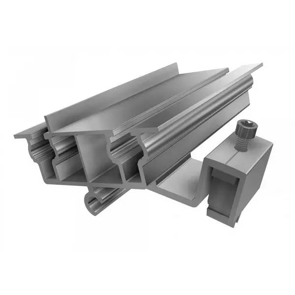 Querschnitt von verzahnten Aluminium-Schienenprofilen mit einem verschraubten Klemmstück, das zeigt, wie die Teile zusammenpassen.