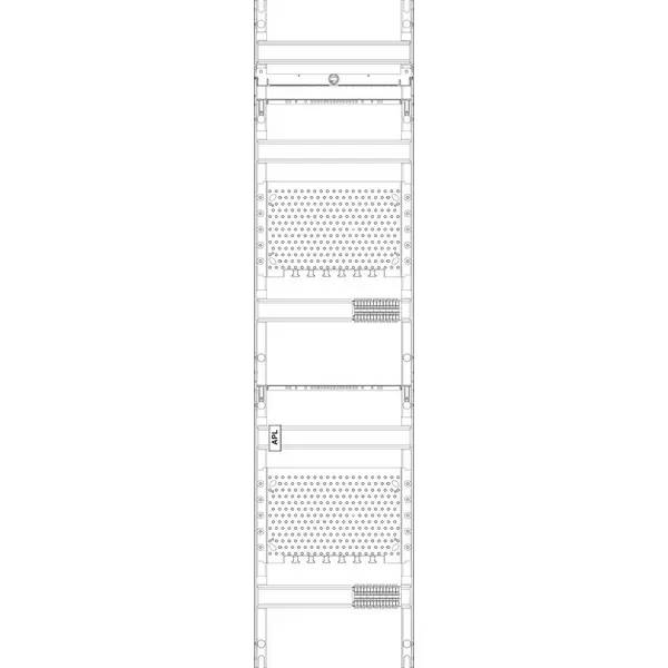 Technische Strichzeichnung eines hohen rechteckigen Geräteracks mit zwei perforierten Paneelen und kleinen Steckverbinderblöcken, Vorderansicht auf weißem Hintergrund dargestellt.