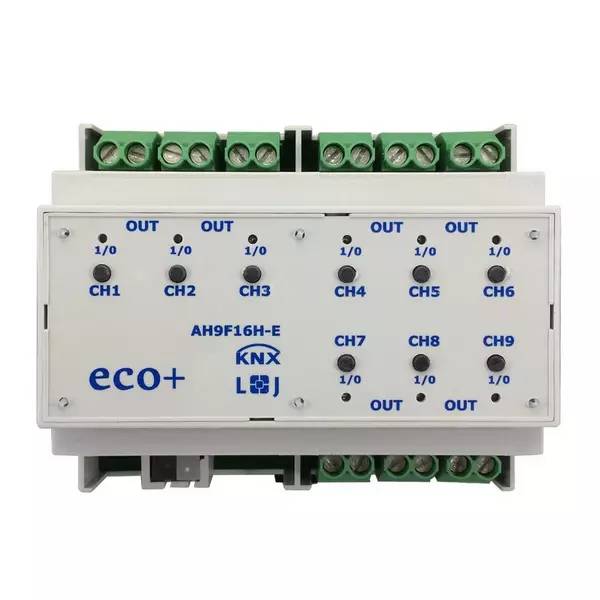 Weißes KNX eco+ AH9F16H-E 9-Kanal-Ausgangssteuermodul mit Klemmleisten und beschrifteten CH1-CH9-Indikatoren.