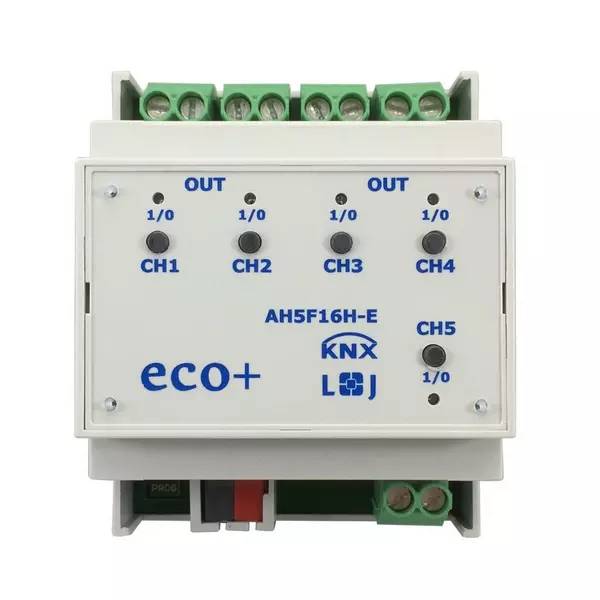 Frontansicht eines eco+ KNX AH5F16H-E 5-Kanal-Moduls mit grünen Anschlussblöcken und beschrifteten CH1-CH5 Ausgangs-/Eingangsindikatoren.