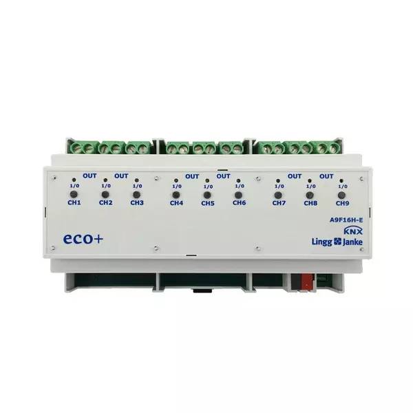 Weißes Industriesteuerelement mit der Bezeichnung eco+ und Lingg & Janke, mit neun Ausgangskanälen CH1 bis CH9 und grünen Steckverbindern oben.