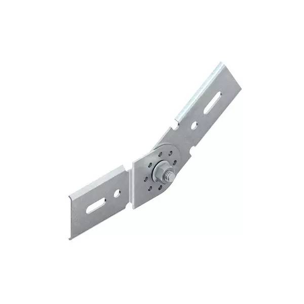 Eine verstellbare Metallhalterung mit zwei geschlitzten Armen, die durch einen zentralen Drehpunkt und einen Bolzen verbunden sind, gezeigt auf weißem Hintergrund.