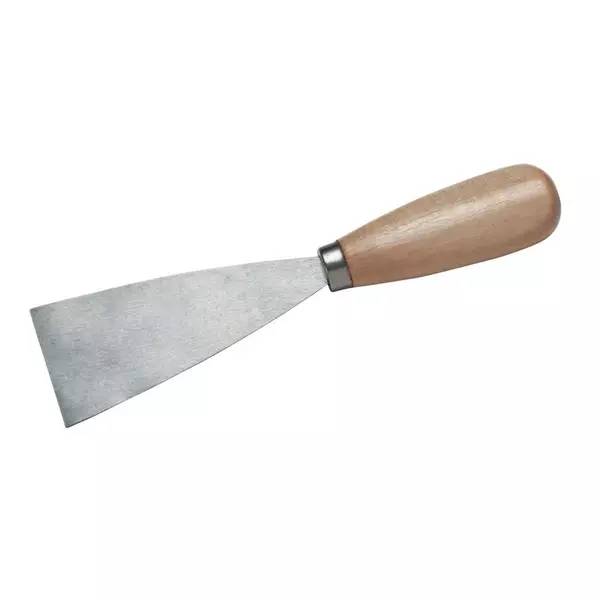 Ein kleines Spachtelmesser mit metallischer Klinge und Holzgriff auf weißem Hintergrund.