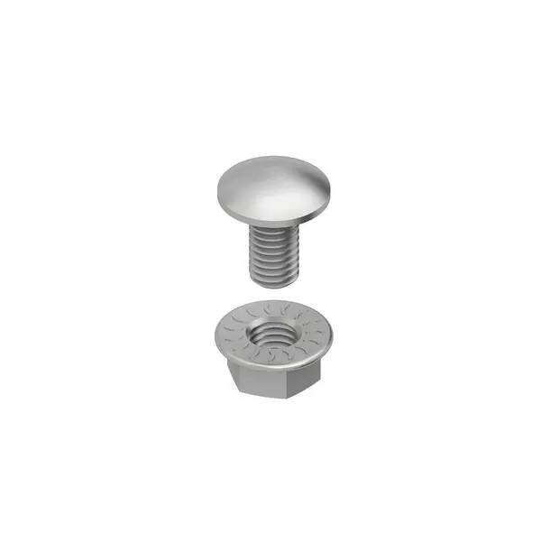 Satz von Metallbefestigungselementen aus Silber mit einem Rundkopfbolzen über einer Sechskantmutter auf weißem Hintergrund.