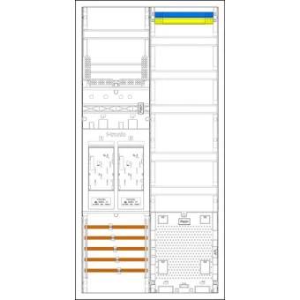 Diagramm eines in ein Rack eingebauten Geräteschranks mit vertikal gestapelten Komponenten, blauen und gelben Modulen oben und orangefarbenen Kabeln oder Sammelschienen in der Nähe des Bodens.