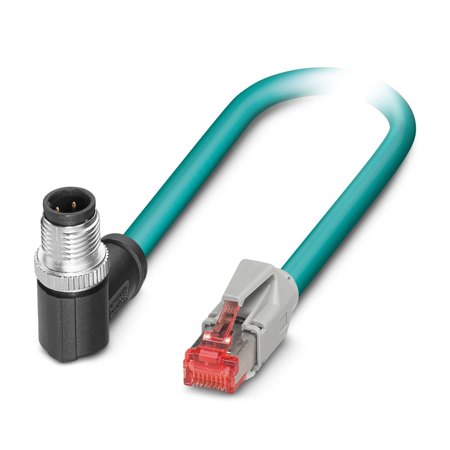Kurzes türkises Adapterkabel mit einem männlichen Rundstecker auf der einen Seite und einem RJ45-Ethernet-Stecker auf der anderen Seite.
