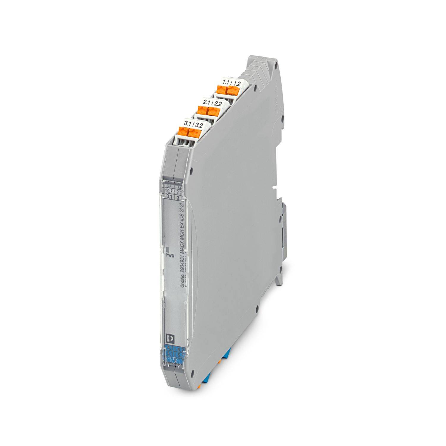 Graues industrielles DIN-Schienen-Elektronikmodul mit orangefarbigen Anschlussklemmen, isoliert auf weißem Hintergrund dargestellt.