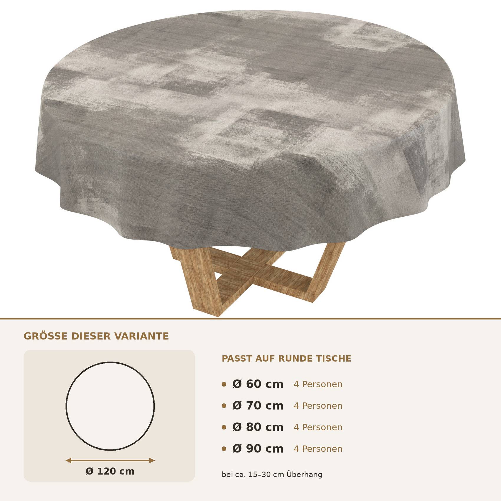 Runde Tischdecke in Grau, gezeigt auf einem Tisch; die Größentabelle unten zeigt, dass sie für runde Tische mit 60, 70, 80 oder 90 cm Durchmesser passt, mit 15–30 cm Überhang.