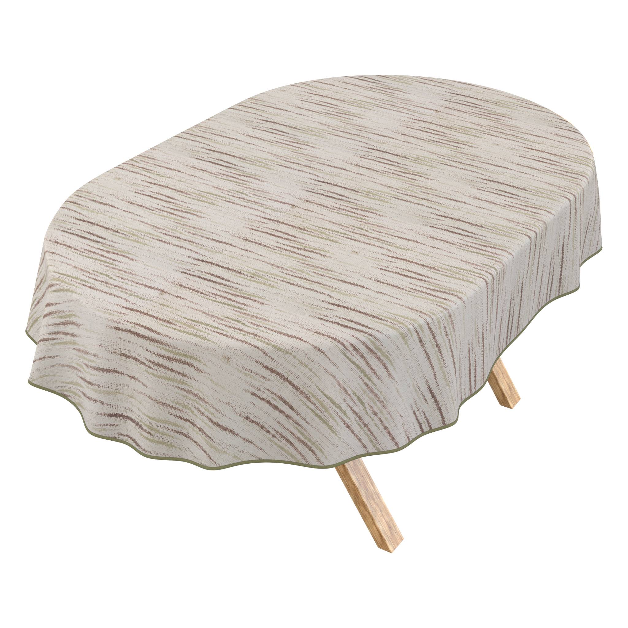 Ovaler Tisch mit einer Tischdecke in hellem Holzmaserungsdesign, isoliert auf weißem Hintergrund mit zwei sichtbaren Holzbeinen.