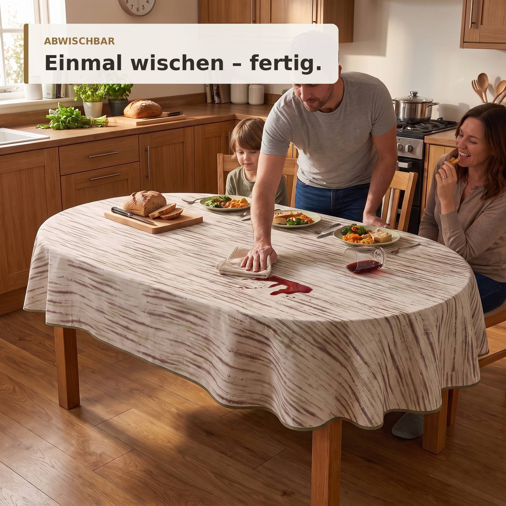 Ein Mann wischt eine Rotweinverschüttung von einer Tischdecke ab, während die Familie am Esstisch in der Küche sitzt; der Text sagt „ABWISCHBAR Einmal wischen - fertig."