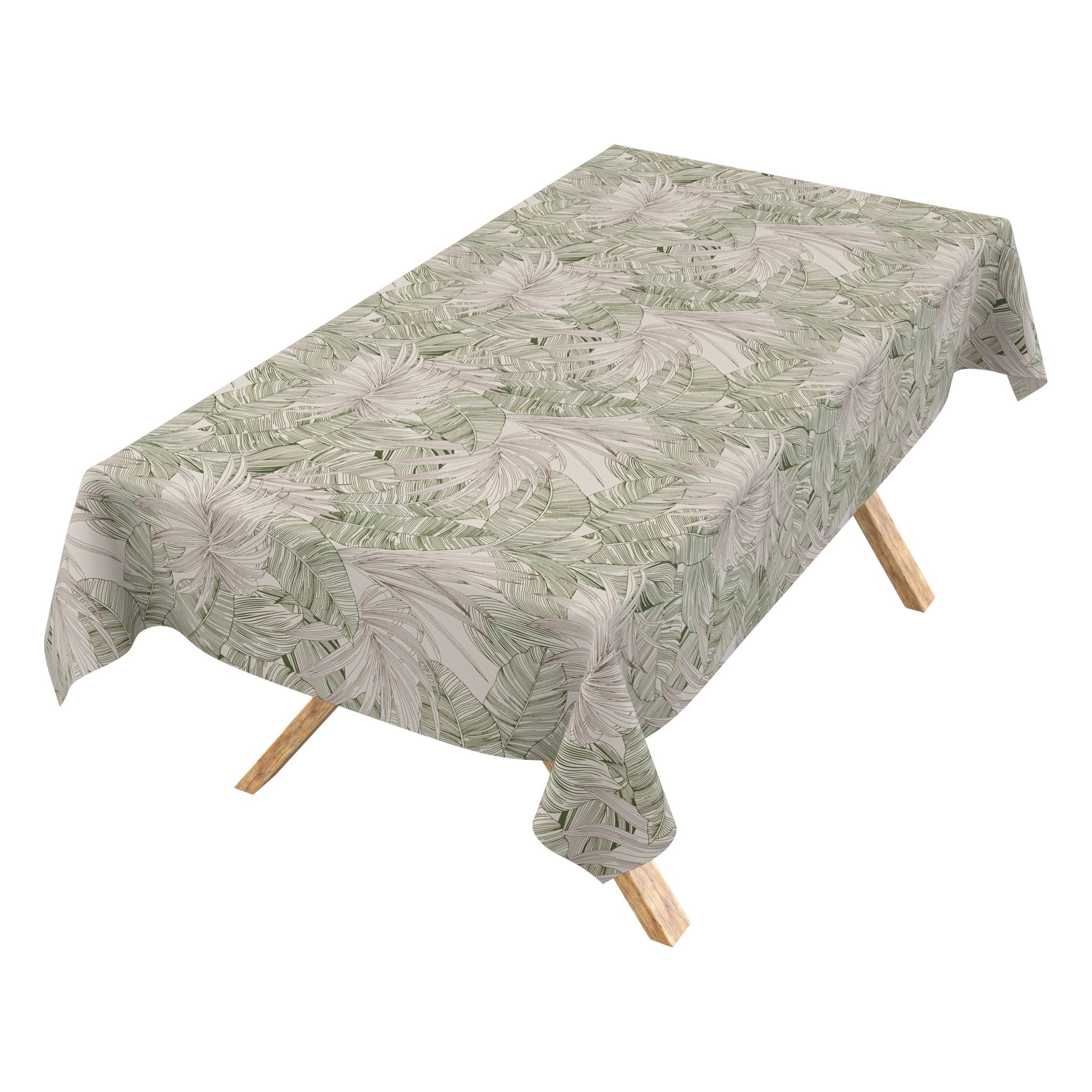 Rechteckiger Tisch mit einer hellgrünen Tischdecke mit Tropenblatt-Muster, die über die Seiten und Ecken drapiert ist.