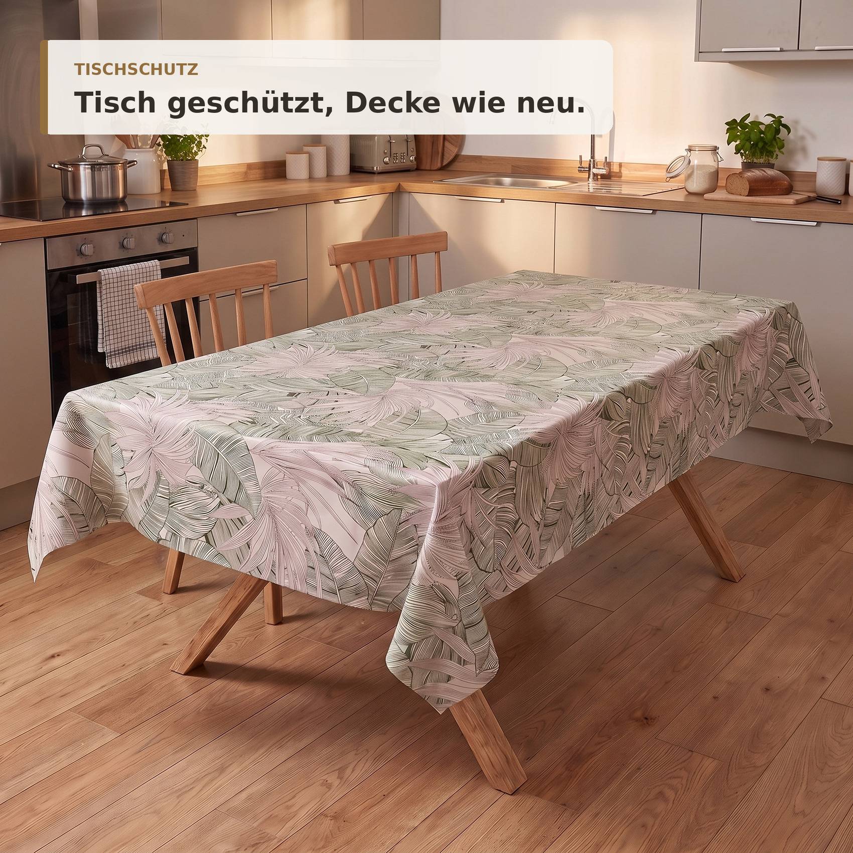 Küchentisch mit einer Tischdecke mit Blattmuster, mit deutschem Text „Tisch geschützt, Decke wie neu." zur Bewerbung des Tischschutzes.